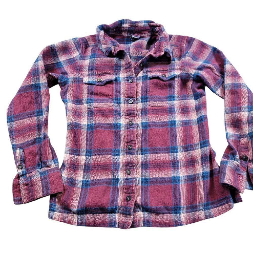 Patagonia Flannel Shirt Womens 2 Red Blue Plaid Button Up Long Sleeve Read*